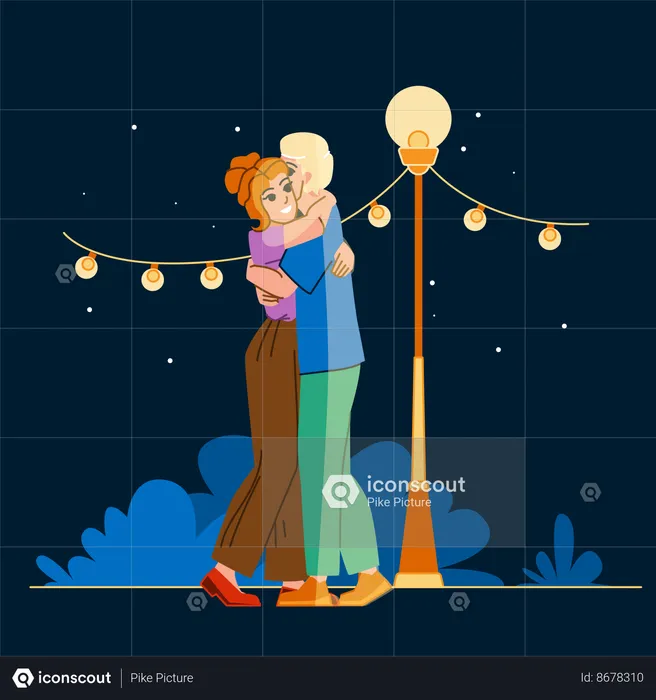 Couple s'embrassant dans la rue la nuit  Illustration