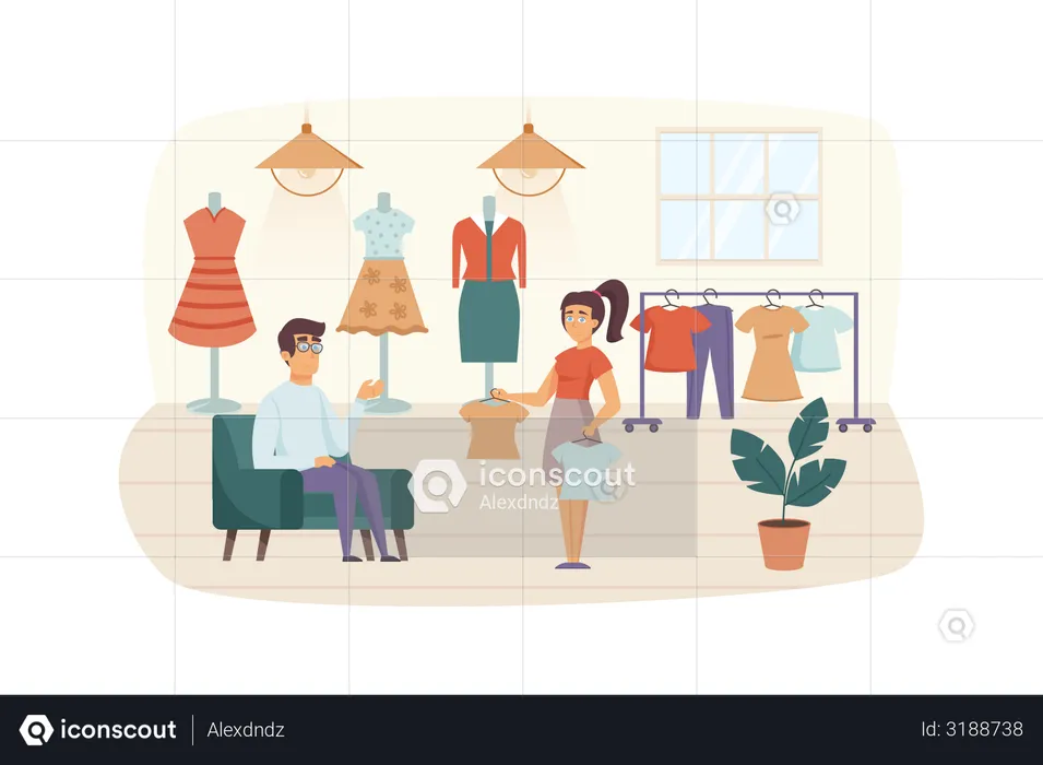 Couple shopping in clothing store  Illustration