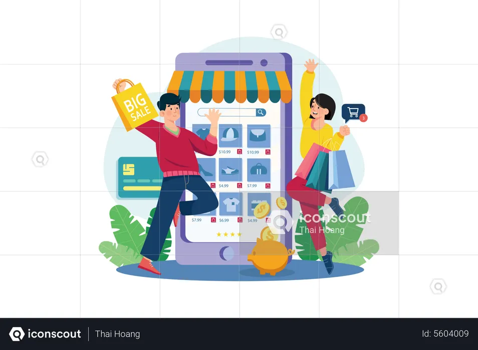 Couple faisant du shopping pour une réduction  Illustration