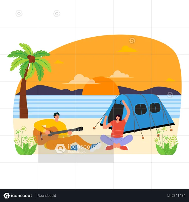 Couple singing song on camping at beach  Illustration