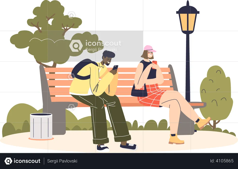 Couple sit on bench in park using smartphone  Illustration