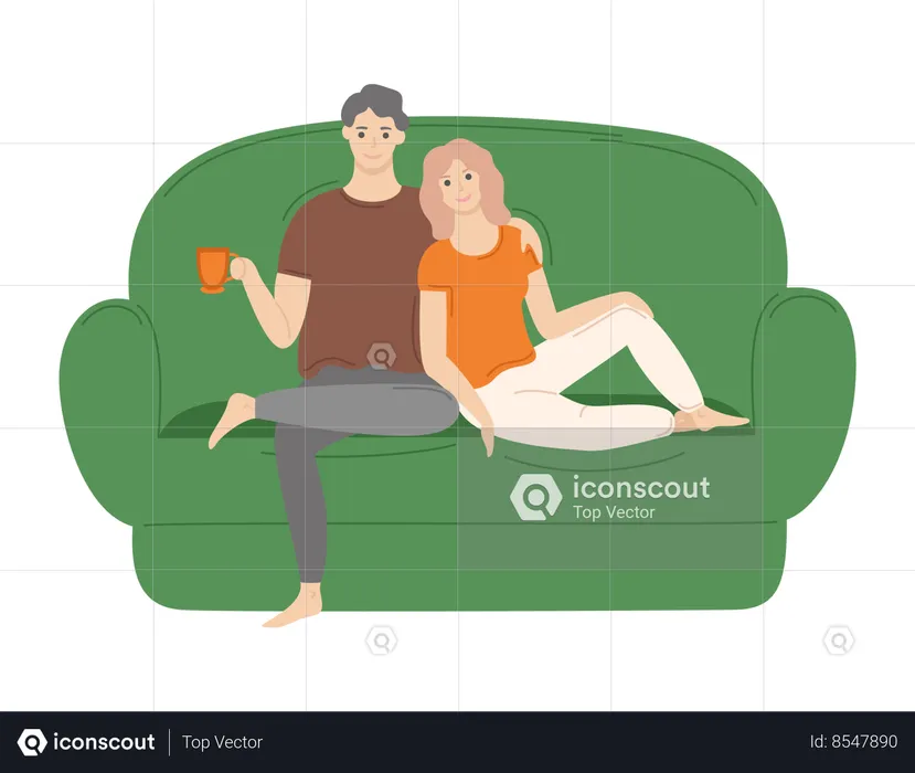 Couple Sitting and Cuddling on Sofa at Home  Illustration