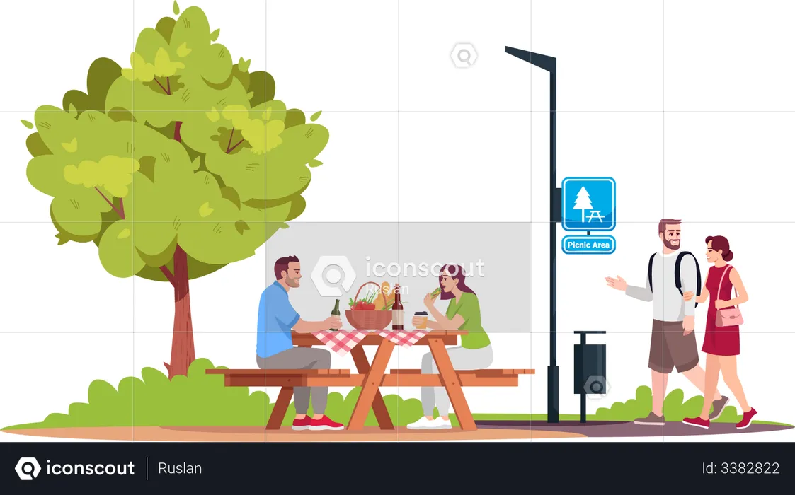 Couple sitting at a picnic table in park  Illustration
