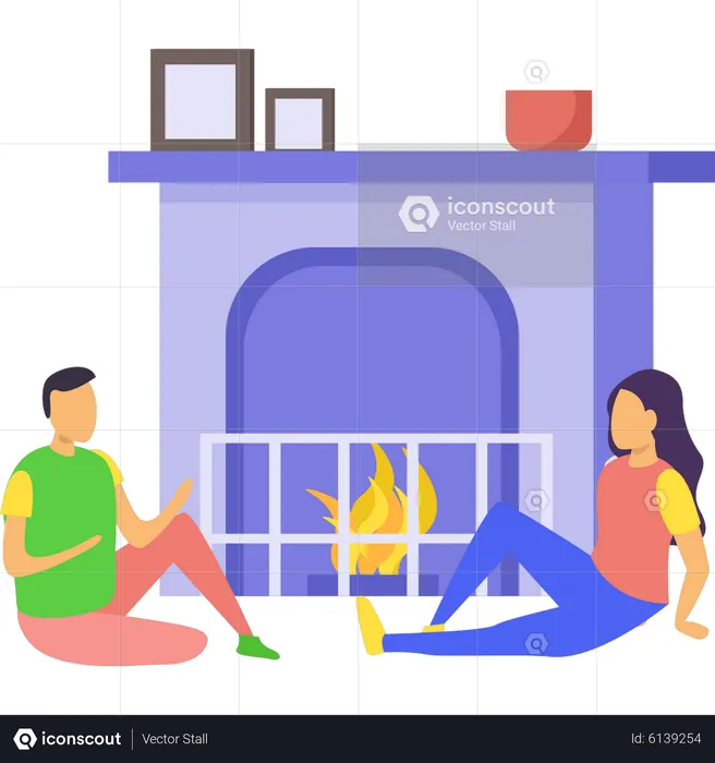 Couple sitting at fireplace  Illustration