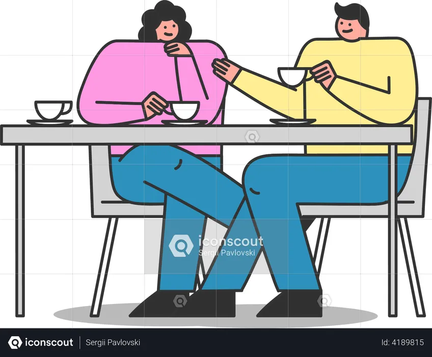 Couple sitting at table and drinking tea or coffee  Illustration