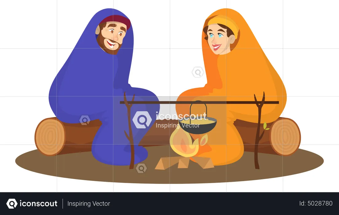 Couple sitting at the campfire  Illustration