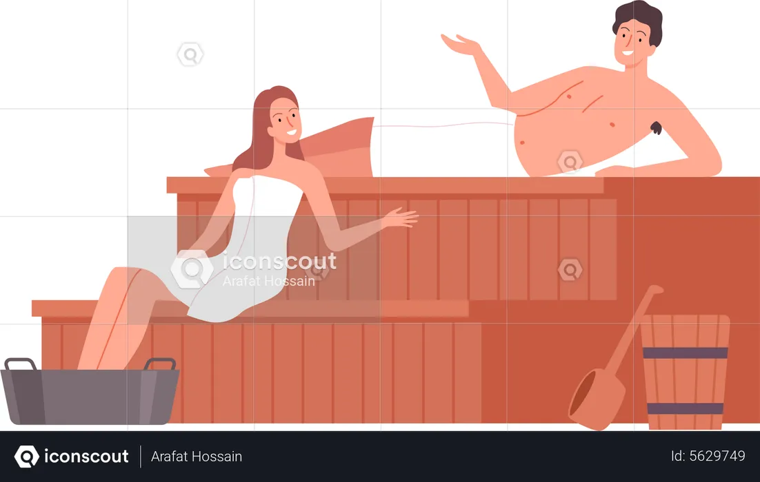 Couple sitting inside sauna and talking  Illustration