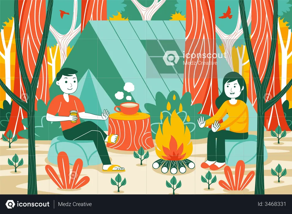 Couple sitting near campfire  Illustration