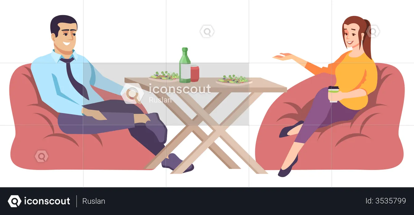 Couple sitting on beanbag and having lunch  Illustration