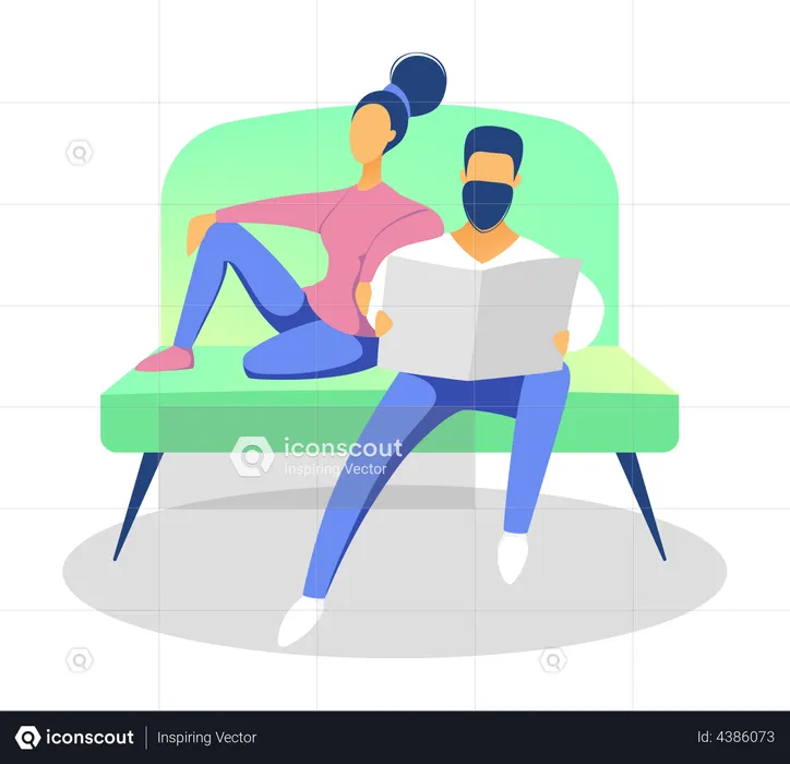 Couple sitting on couch together at home  Illustration