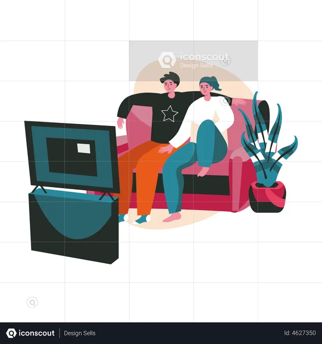 Couple sitting on couch watching TV  Illustration