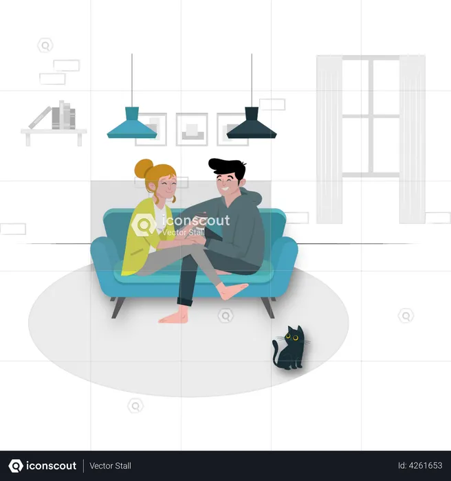 Couple sitting on couch while drinking coffee  Illustration