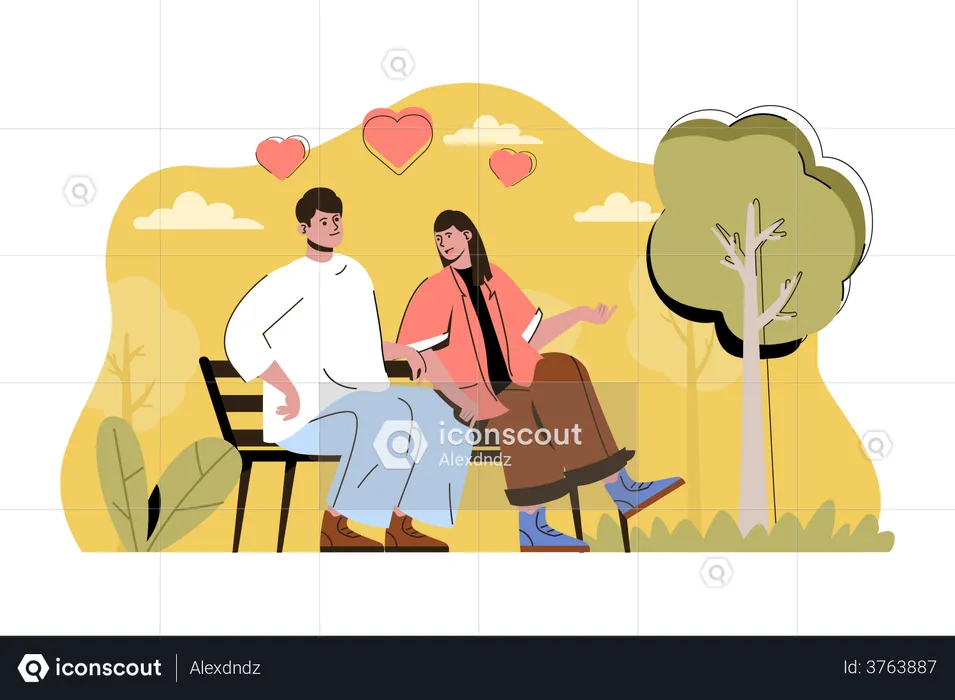 Couple sitting on park bench  Illustration