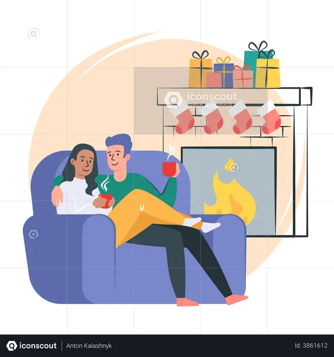 Couple Sitting on Sofa and Drinking Coffee in Front Of Fireplace  Illustration