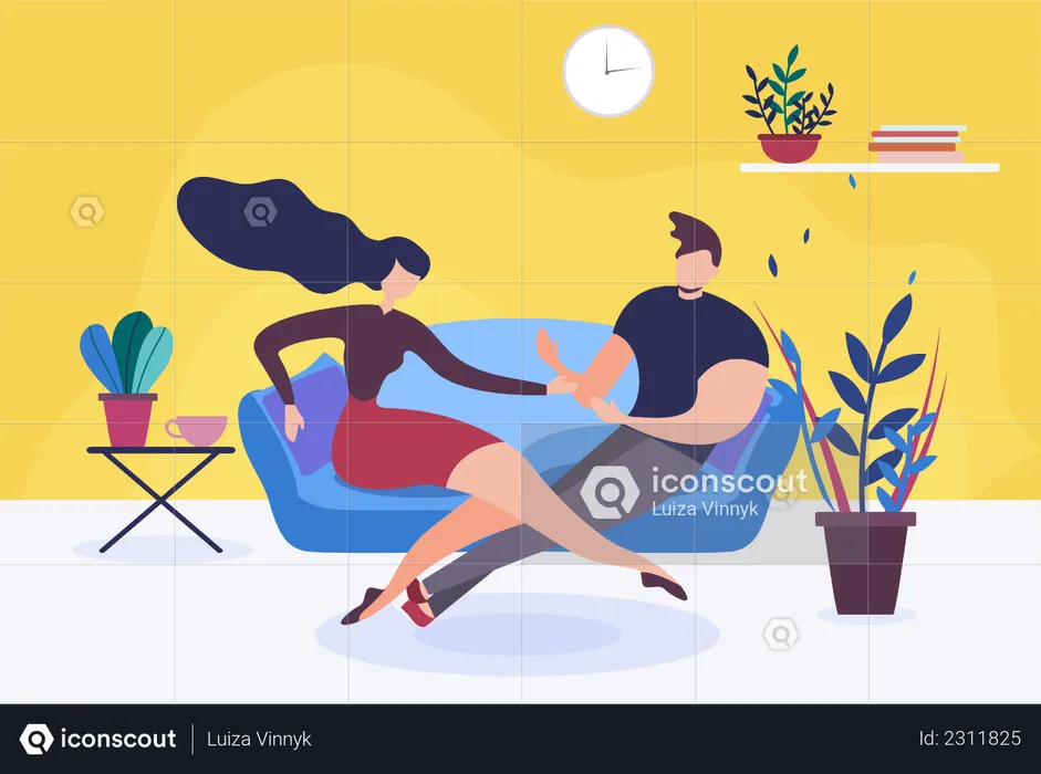 Couple sitting on sofa having conversation  Illustration