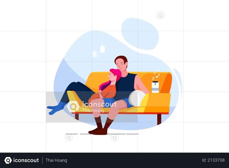 Couple sitting on the sofa listening to music on a wireless speaker  Illustration