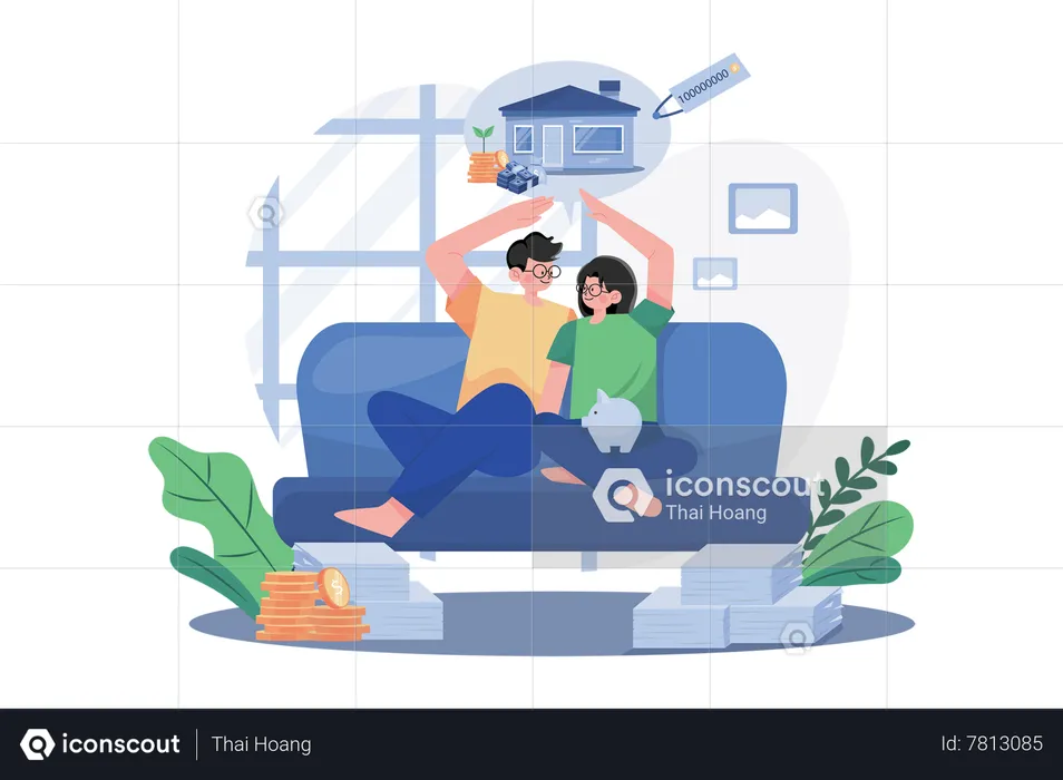 Couple Sitting On The Sofa Thinking About New House  Illustration