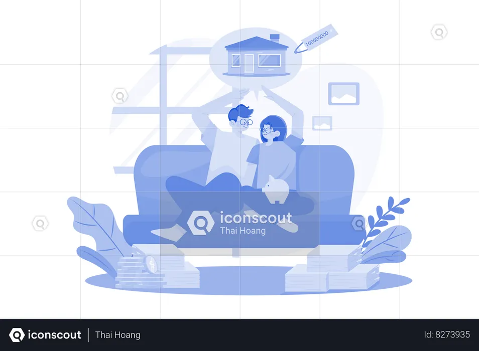 Couple Sitting On The Sofa Thinking About New House  Illustration