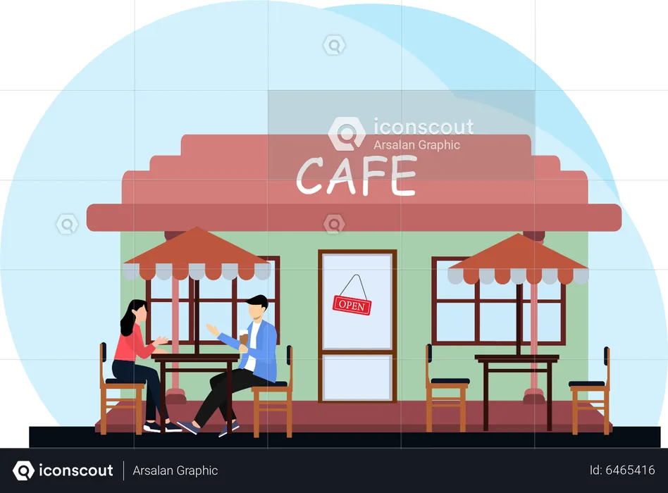 Couple sitting outside cafe  Illustration