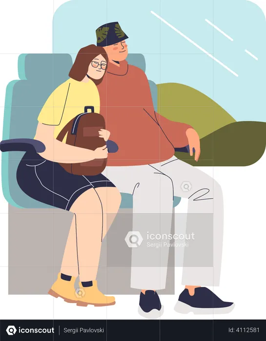 Couple sleeping in train while travelling  Illustration