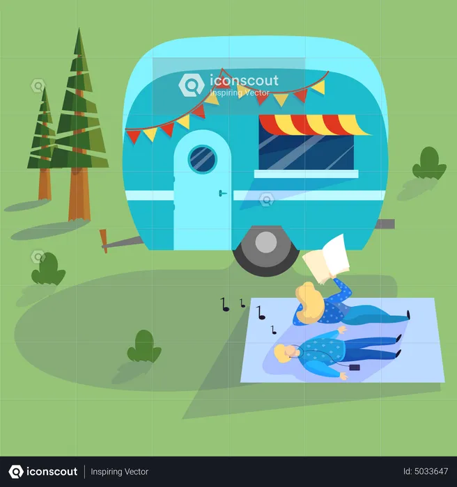 Couple spend time on nature at the camping truck  Illustration