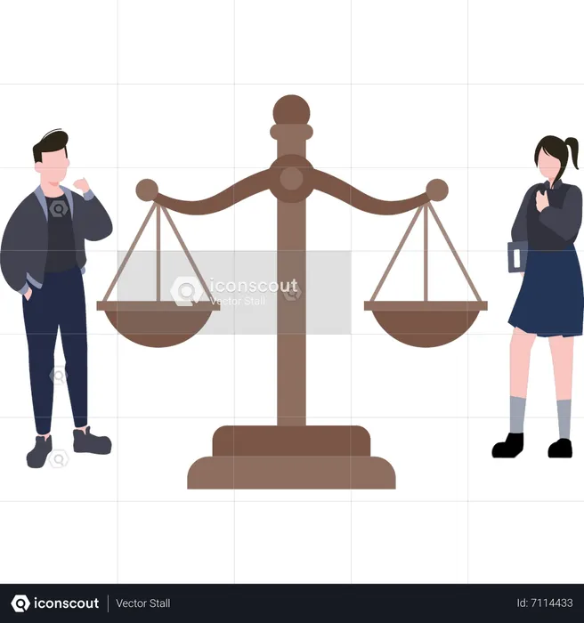 Couple stand near the scale of justice  Illustration