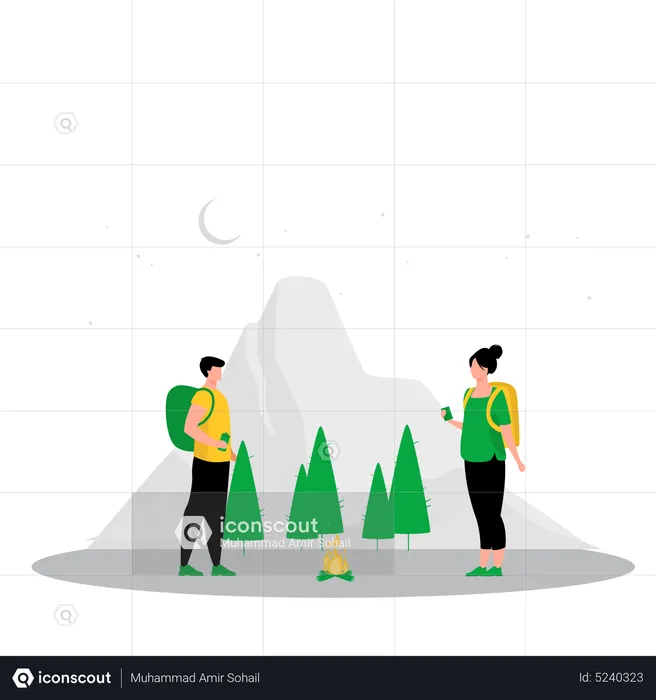 Couple standing beside campfire  Illustration