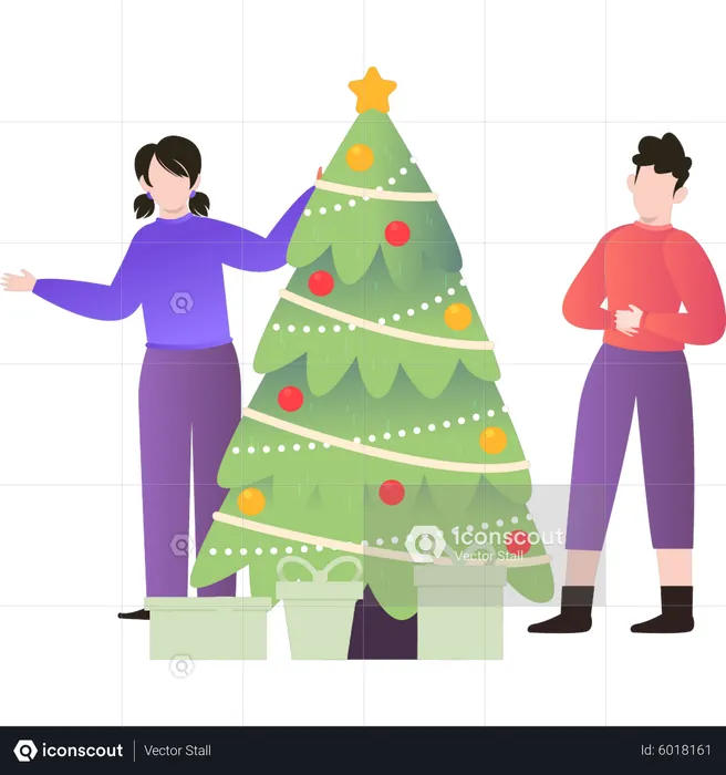Couple standing by Christmas tree  Illustration