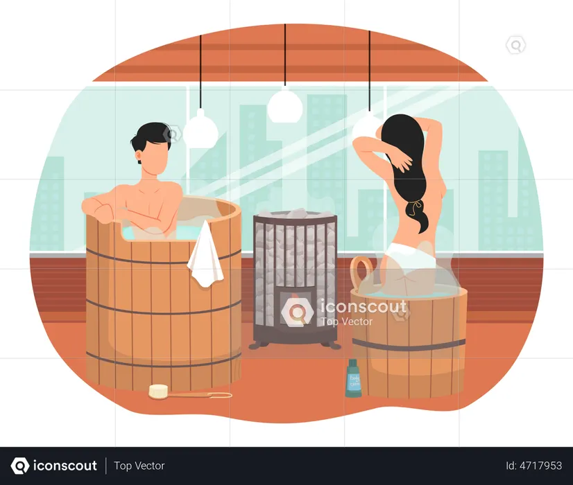 Couple standing in fonts. People in hot steam are bathing and spending romantic time together  Illustration