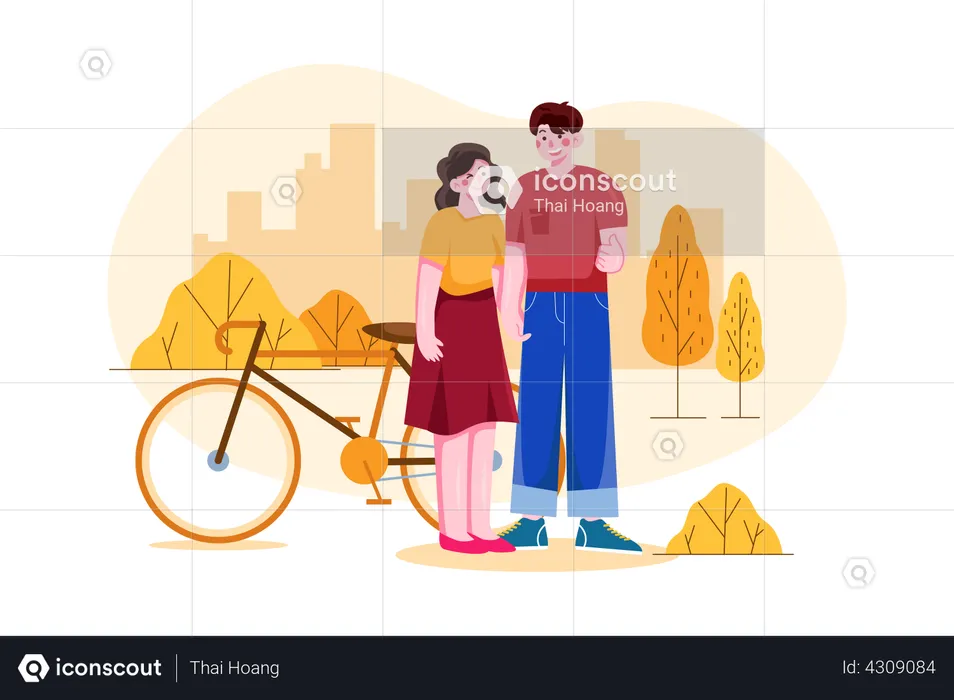 Couple standing in park near bicycle  Illustration