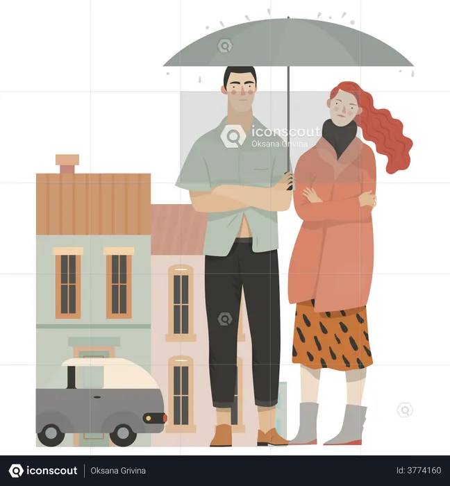 Couple standing in rain holding umbrella  Illustration