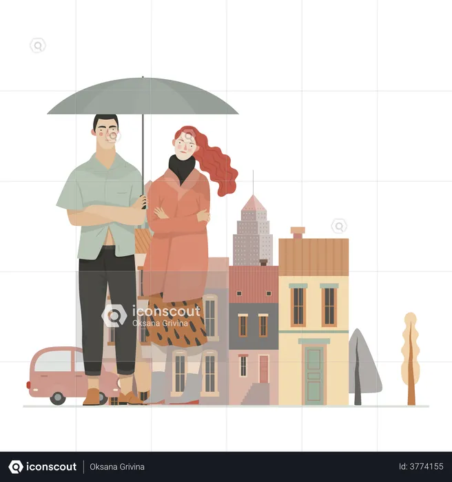 Couple standing in rain holding umbrella  Illustration