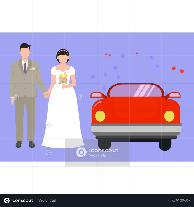 Couple standing next to wedding car  Illustration