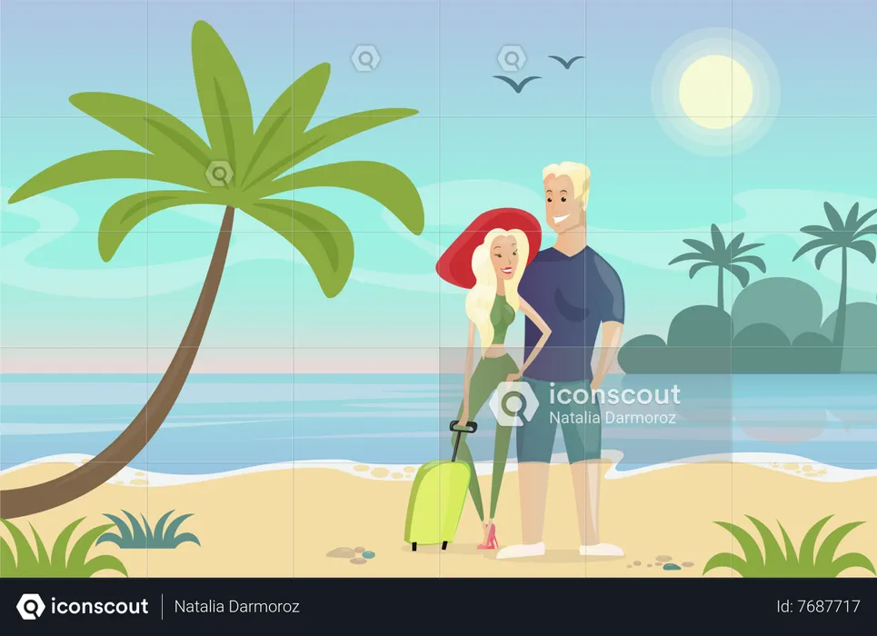 Couple standing together at beach  Illustration