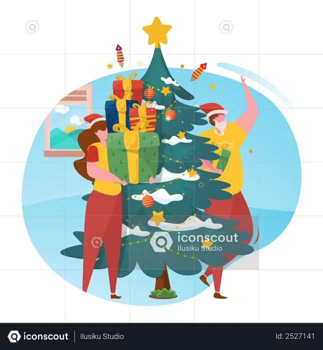 Couple standing with gifts and christmas tree  Illustration