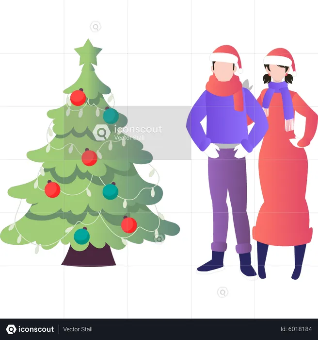 Couple stands near Christmas tree  Illustration