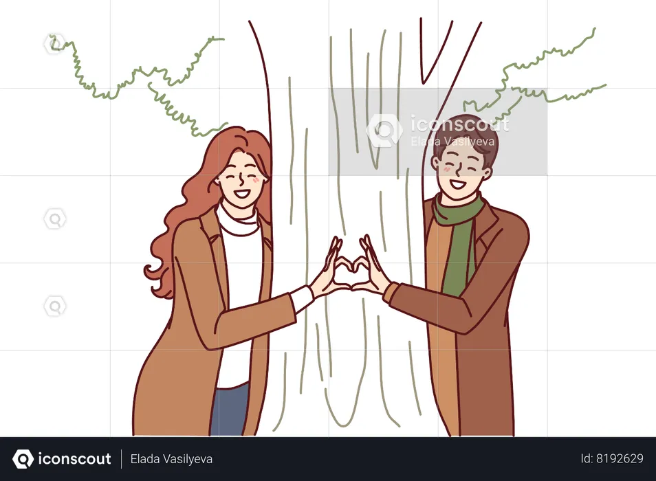 Couple stands near tree together making heart from their fingers as sign of love for partner  Illustration