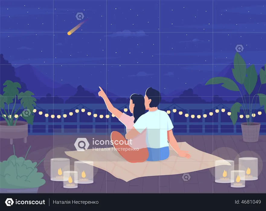 Couple stargazing on rooftop in evening  Illustration
