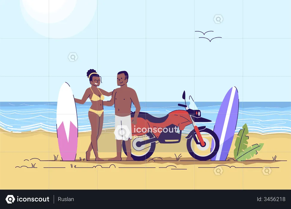 Couple Surfing on beach  Illustration