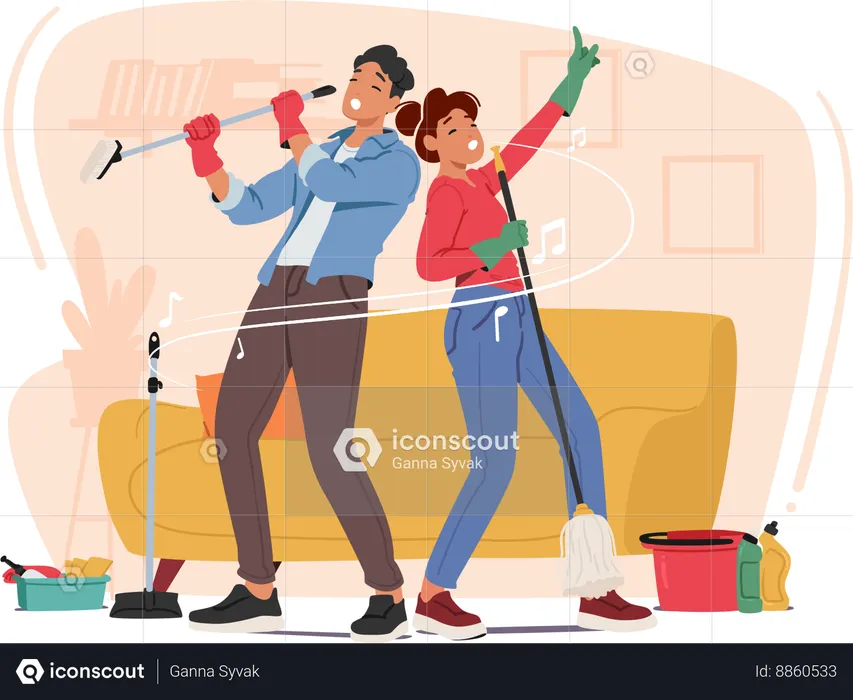 Couple Sweeping And Singing  Illustration