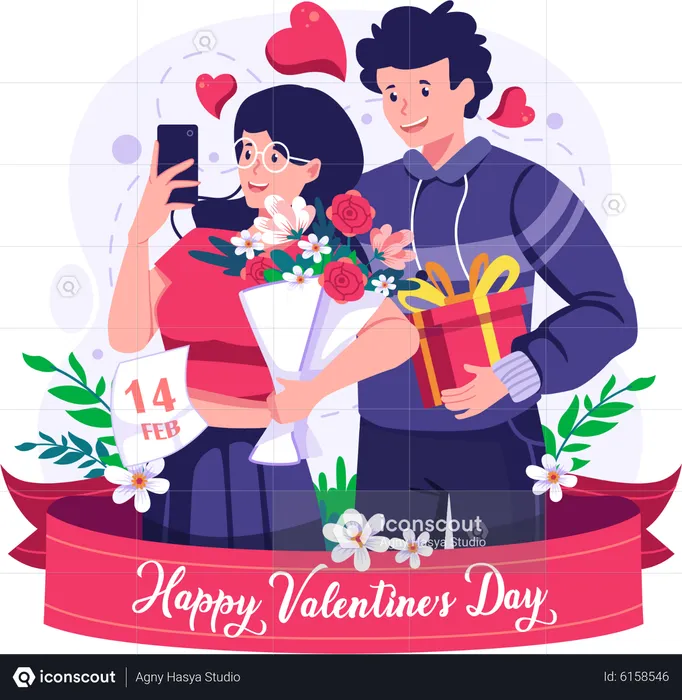 Couple take a selfie on Valentine's day  Illustration