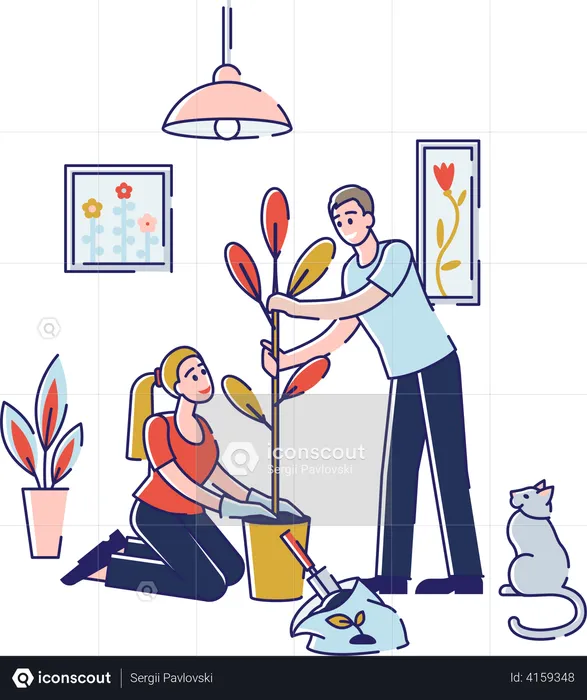 Couple Take Care of Houseplants  Illustration