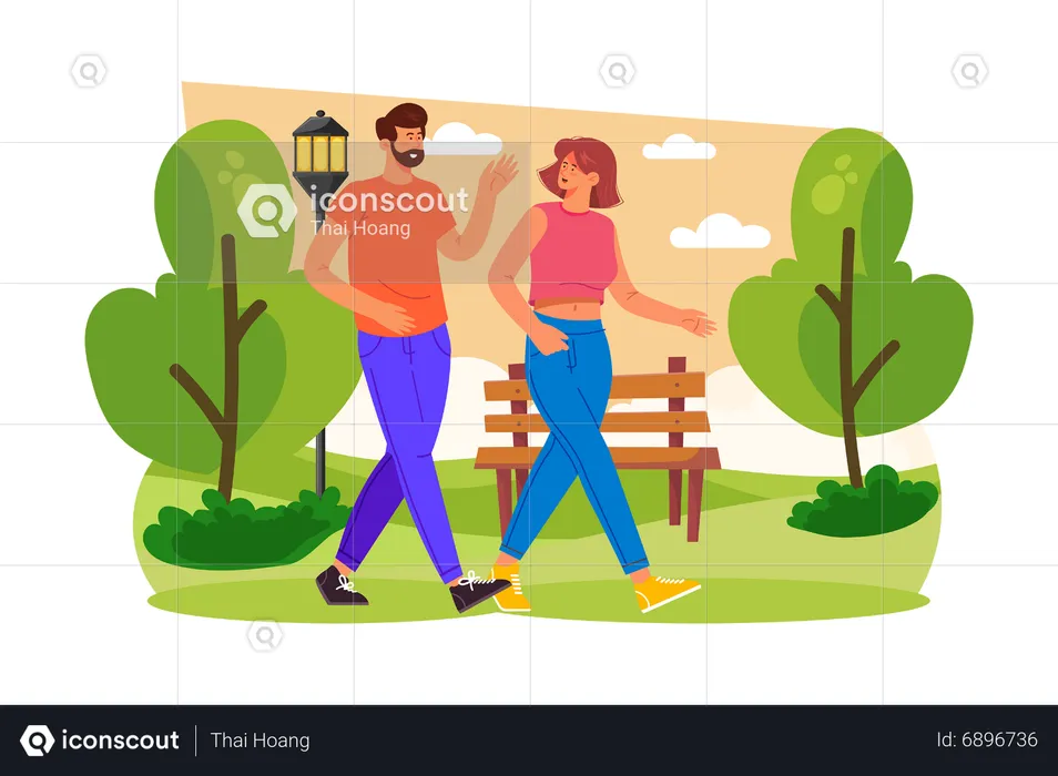 Couple takes a romantic walk in the park  Illustration