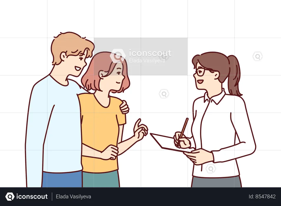 Couple takes social survey answering interviewer questions and evaluating quality of services  Illustration