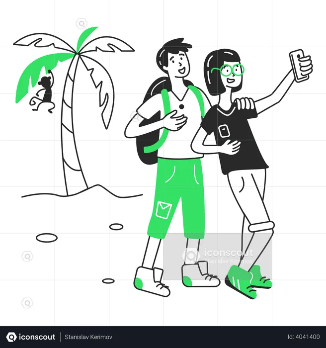 Couple taking a selfie on the beach  Illustration