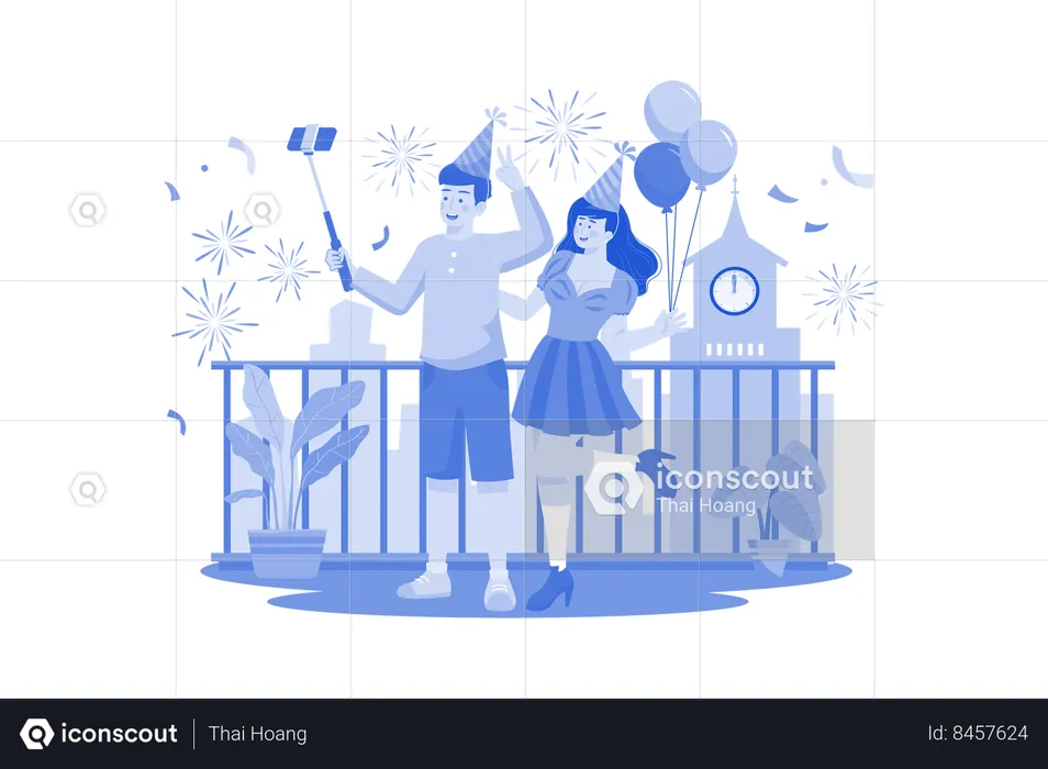 Couple Taking A Selfie To Celebrate New Year's Eve  Illustration