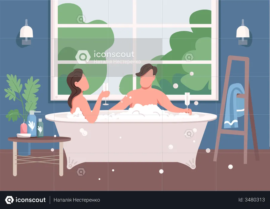 Couple taking bath  Illustration
