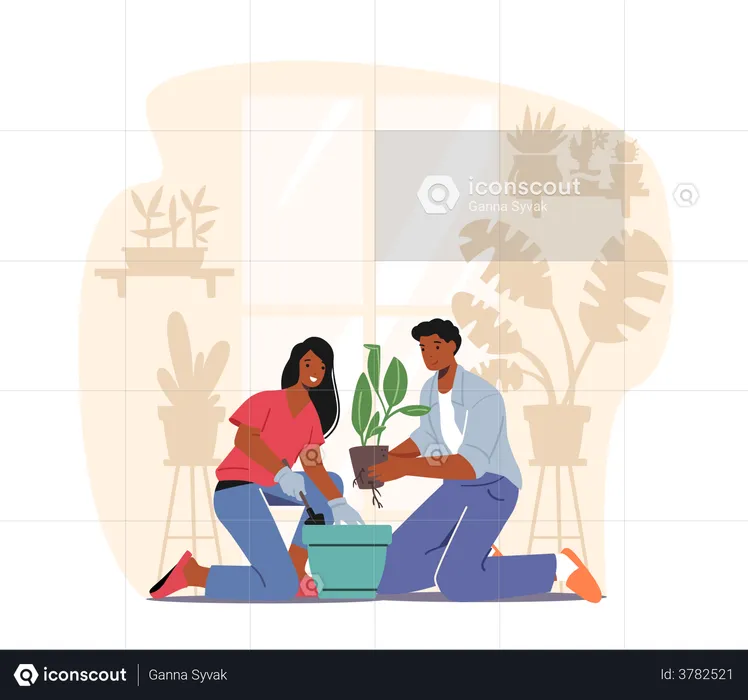 Couple Taking Care of Home Plants  Illustration