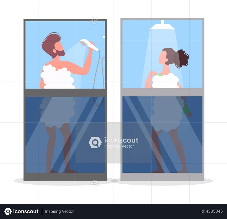 Couple taking morning shower in bathroom  Illustration