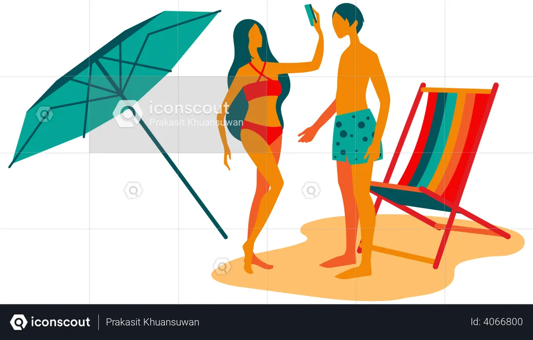 Couple taking selfie on beach  Illustration